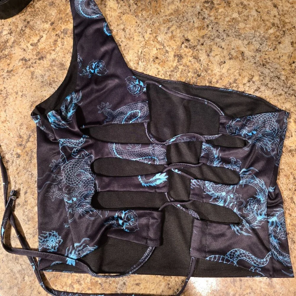 Rue 21 Tiffany Blue Dragon and black lace up one shoulder crop tank L - Picture 2 of 4
